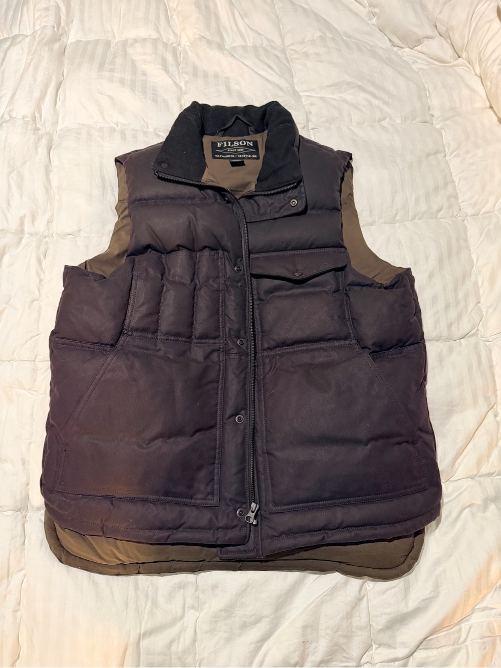 Filson Quilted Down Vest in Dark Blue with Brown Lining